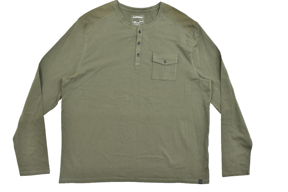 Express Men XXL Olive Green Long Sleeve Henley Pocket T-Shirt Moisture Wicking S